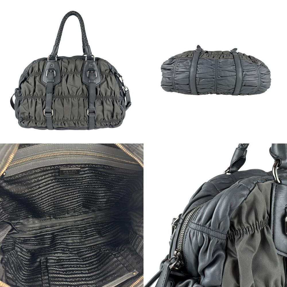 Prada tote handles braided bag Tessuto ruched satchel Gaufre leather black - Picture 3 of 4